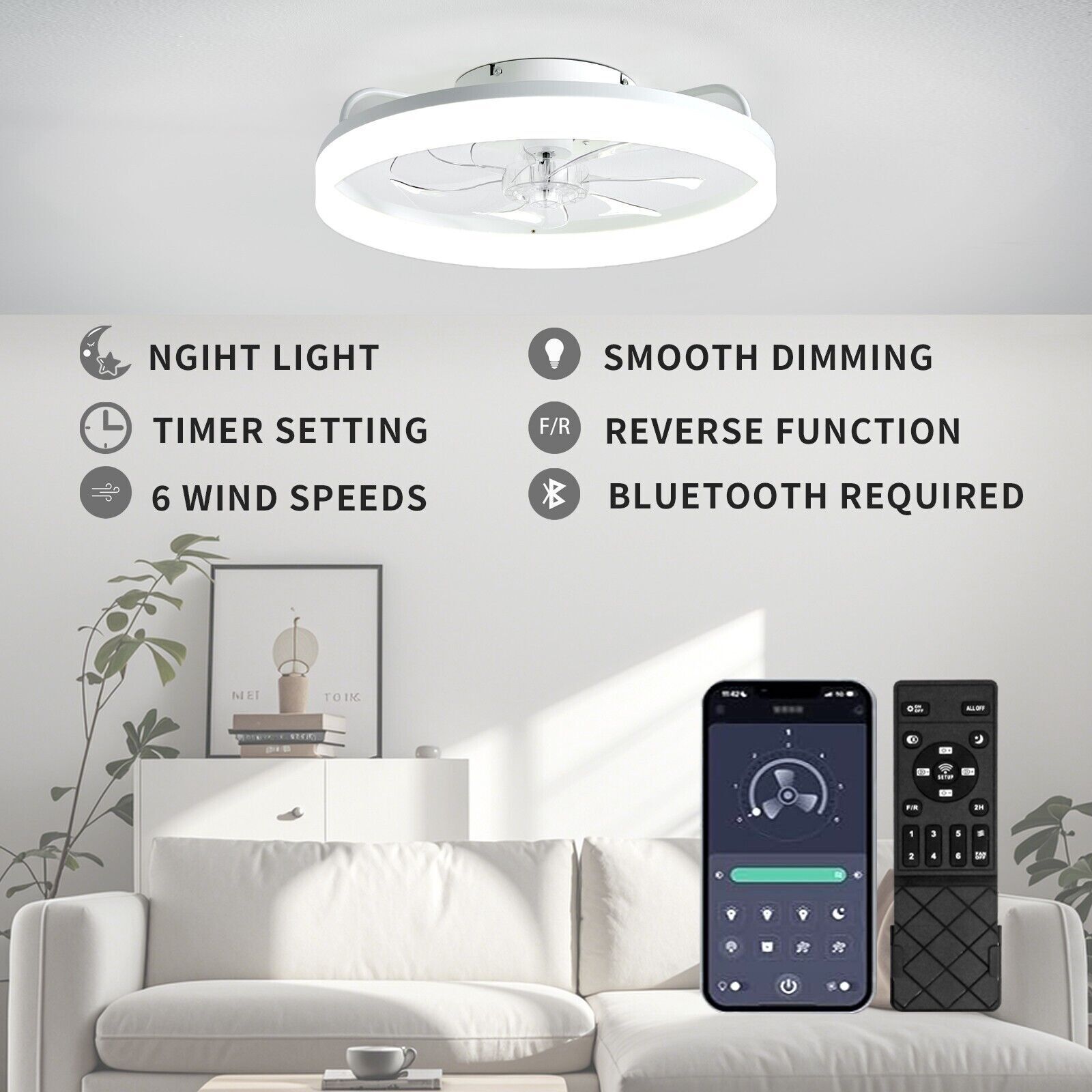 20" Modern Fan Lights Flush Mount LED Ceiling Light kit With Remote APP Control