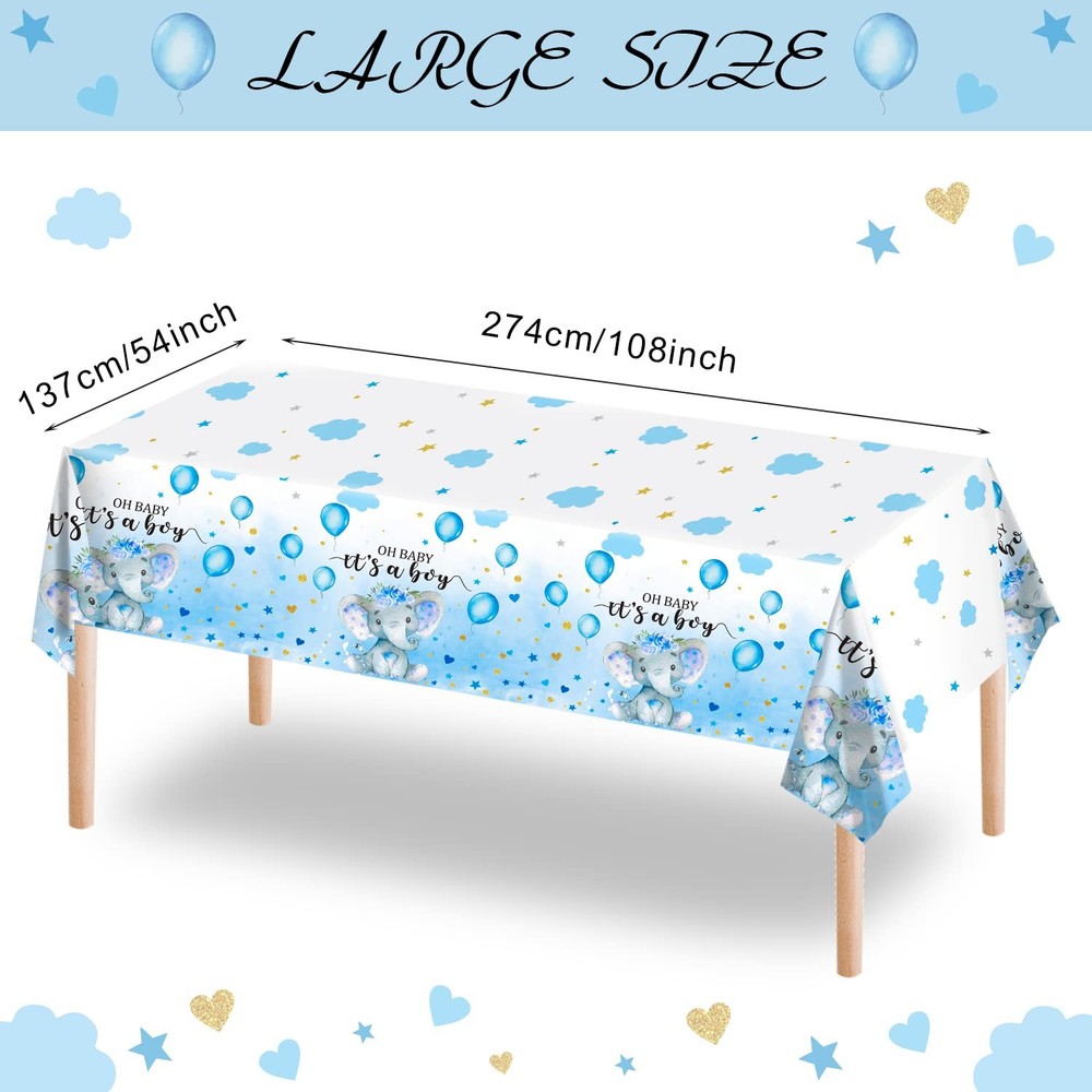 Shower Table Covers, 3PCS Elephant Theme, Plastic 54x108, Blue