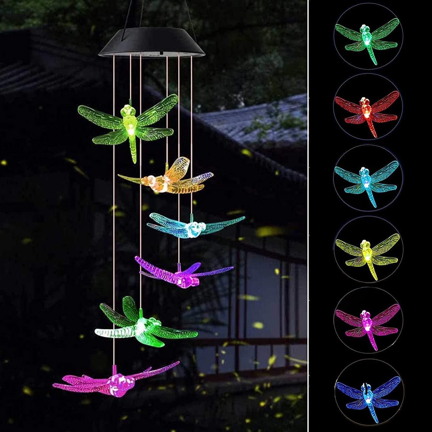 LED Solar Wind Chimes ,7 Color-Changing ,Cute Dragonfly Yard Home Garden Decor