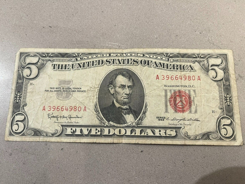 1963 $5 Dollar Red Seal well circulated