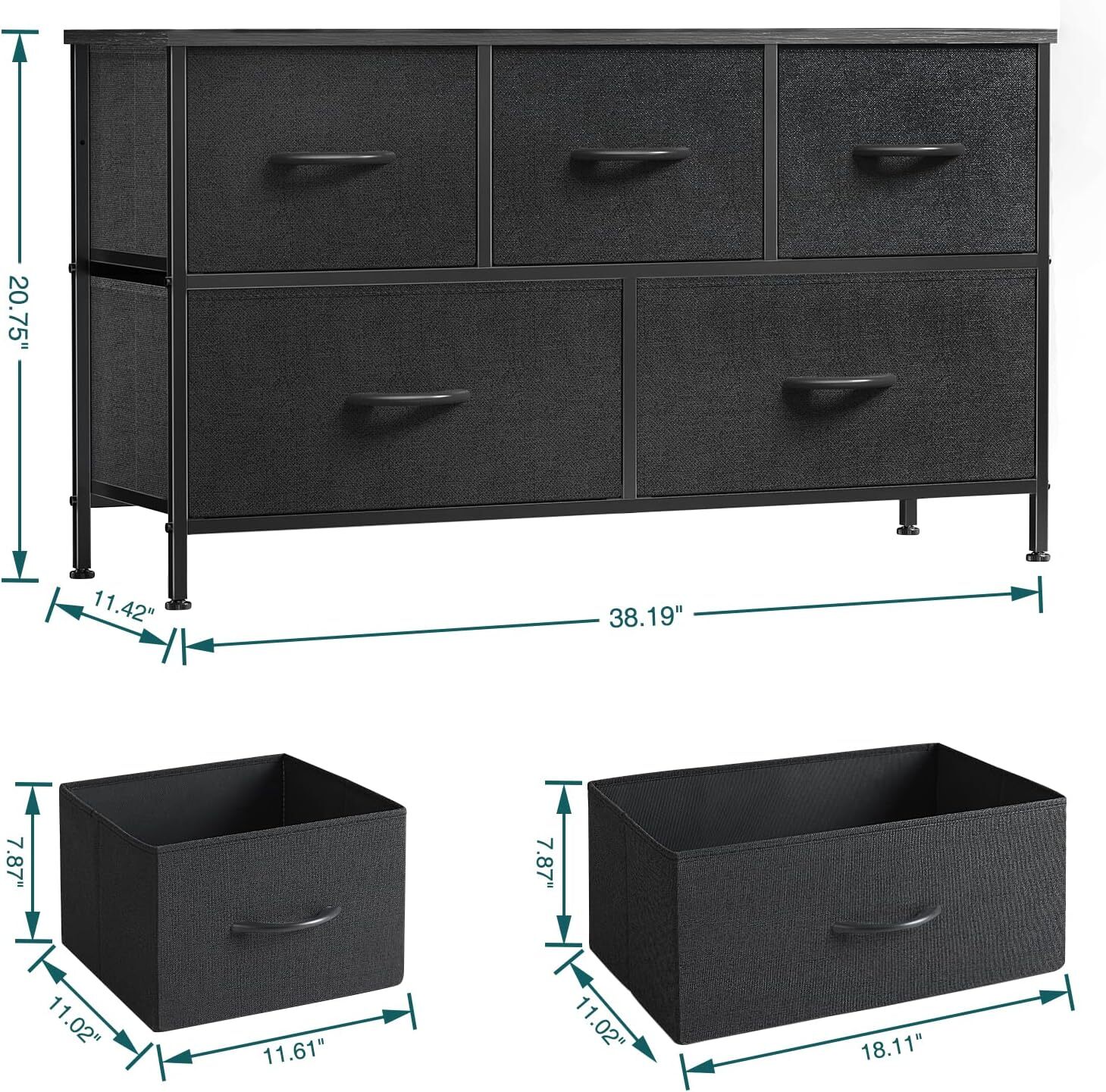 Black 5 Drawers Dresser for Bedroom Wood Top Organizer Fabric Storage Drawers