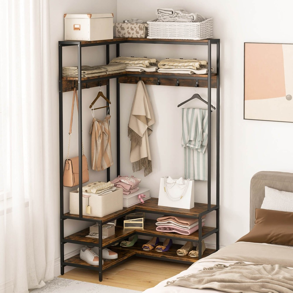 Corner Garment Rack w/ Open Shelves & 7 Hooks Shoe Bench Solid Metal Frame