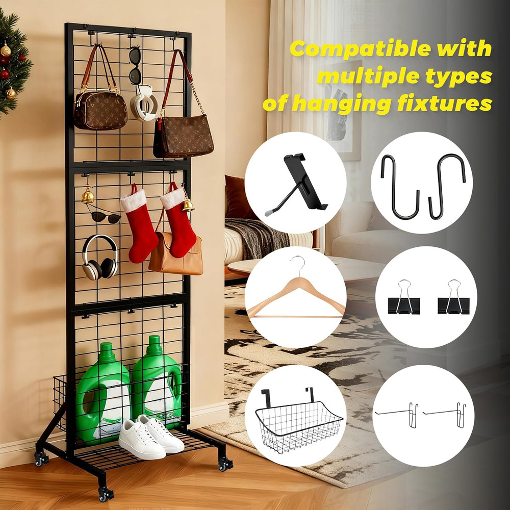 Foldable Grid Wall Panels with Baskets for Retail Display and Storage Solutions