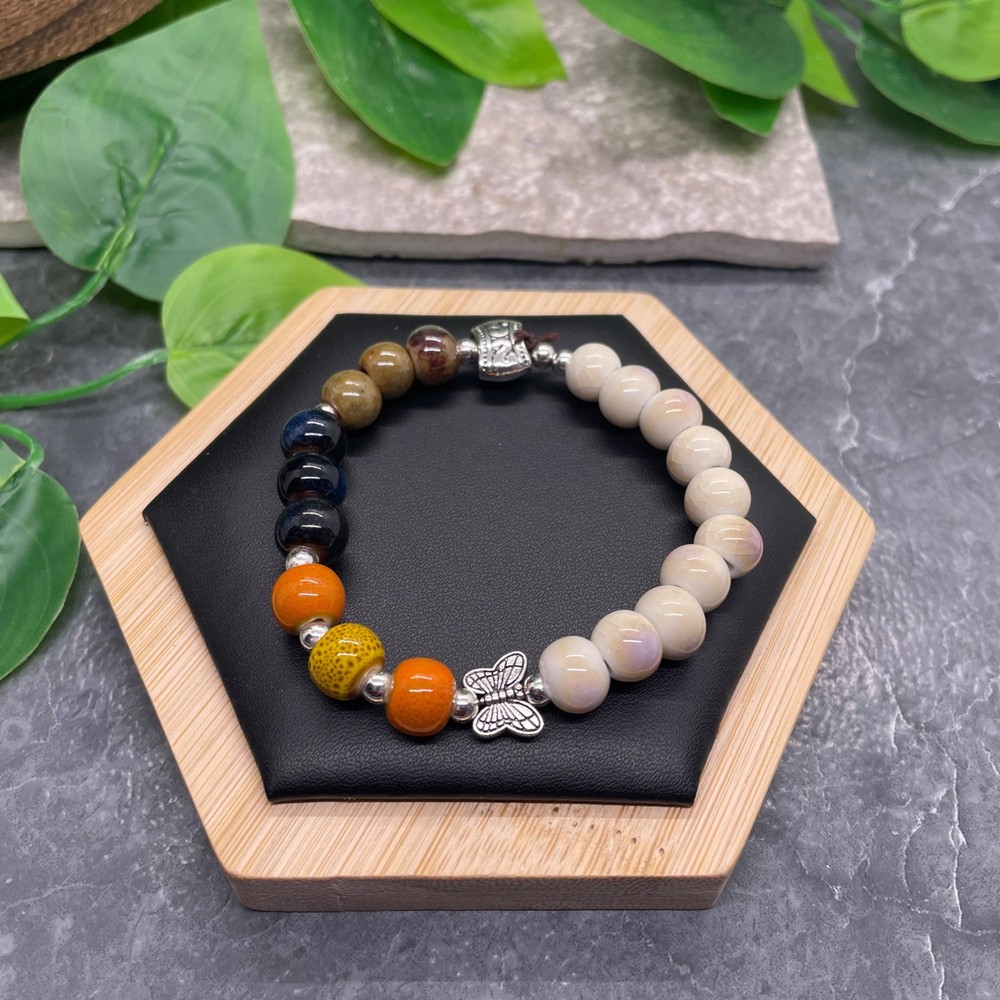 Handmade Ceramic Bead Beaded Stackable 6.5” Plus Stretch Bracelet New B606