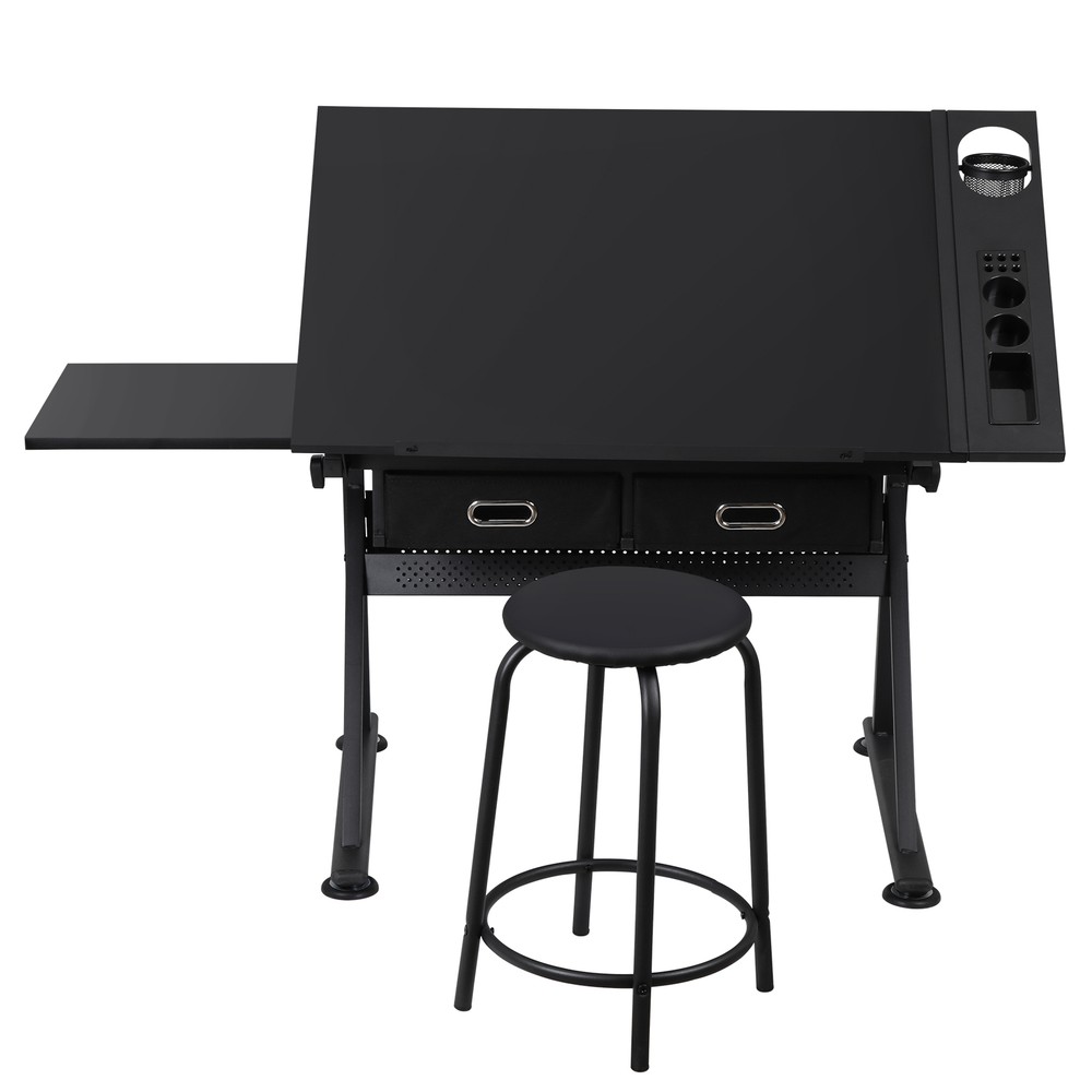 Black Drafting Drawing Table Adjustable Artist Desk Tilting Tabletop with Stool