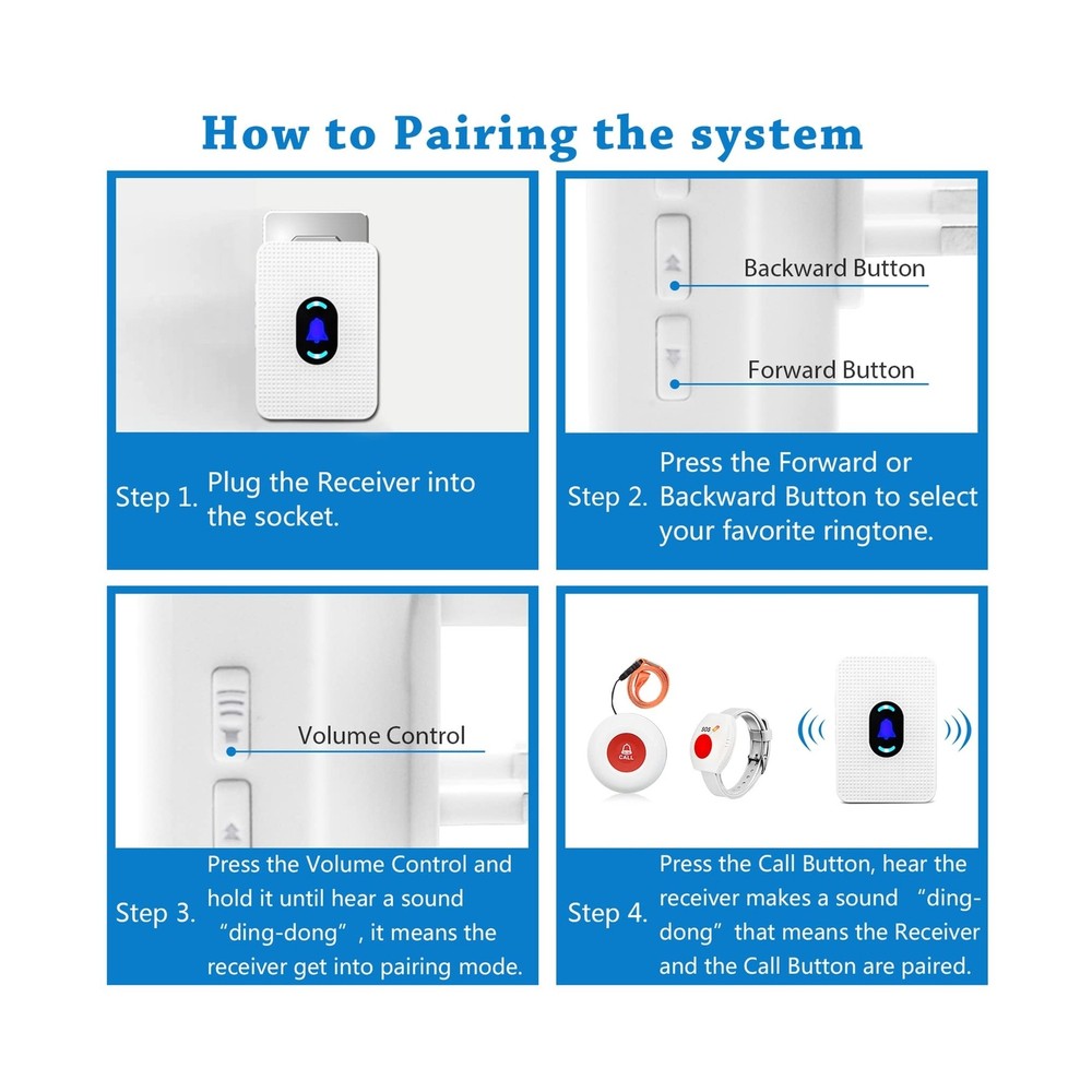 Daytech Wireless Caregiver Pager Call Button Elderly Nurse Alert System for E...