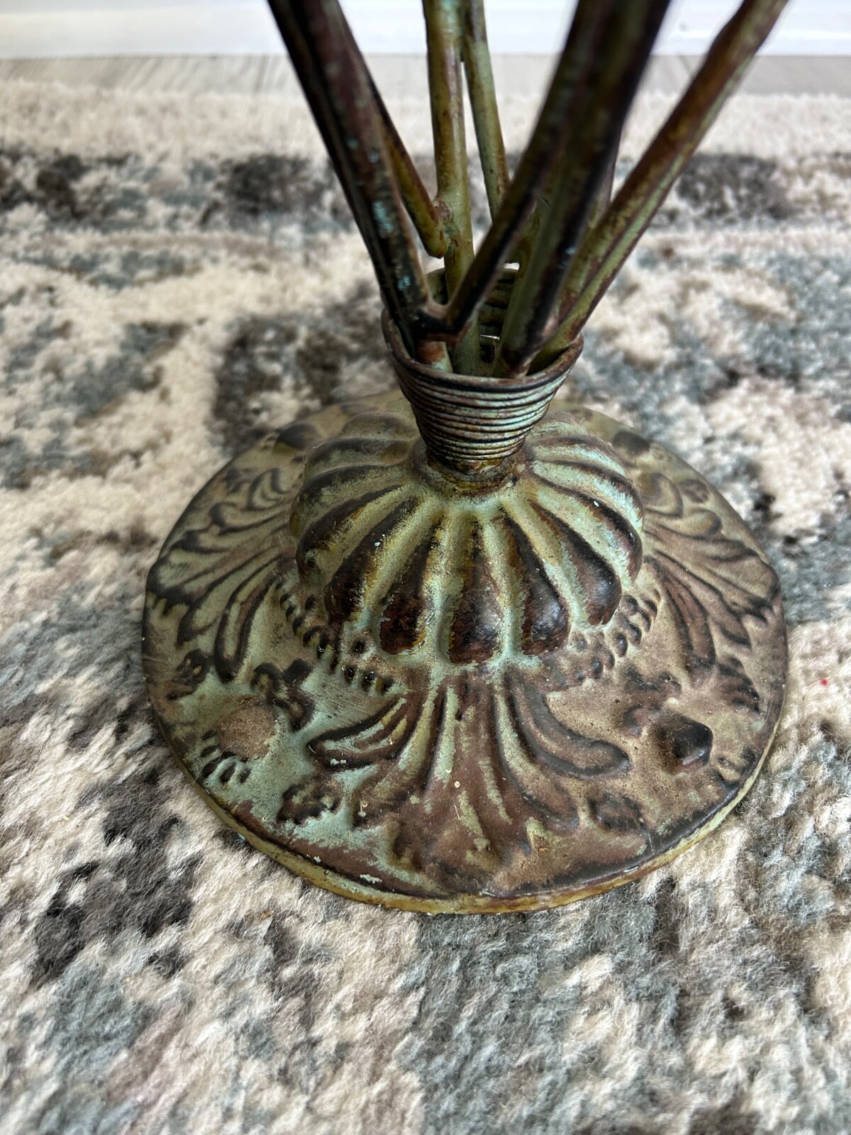 Vintage Wrought Iron Floral & Leaf Green Patina Umbrella Stand app 28” x 12”