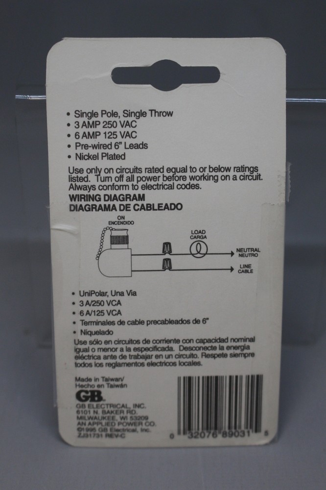 GB Pre-Wired Pull Chain On Off Switch - Single Pole - GSW-31 - New