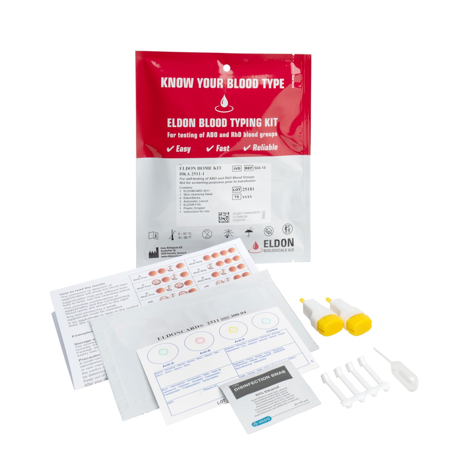 Eldoncard Blood Typing Kit, 1 Test Pack, Know Your 5 Piece Set, Red