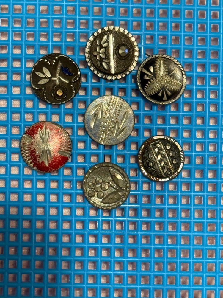 7 Antique etched Pewter small Buttons