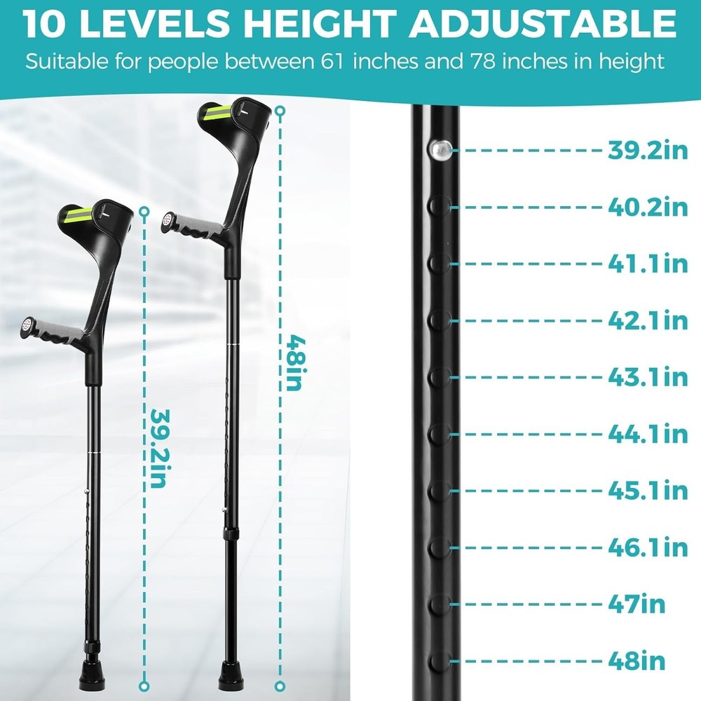 Forearm Crutches for Adults Adjustable, Portable Foldable with Arm Strap (2 Pcs)