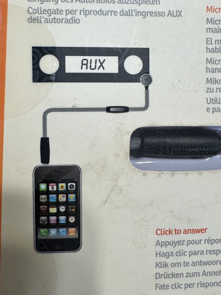 Griffin AUX Cable Audio Cable and Handsfree Mic Universal Car Mobile 3’ New