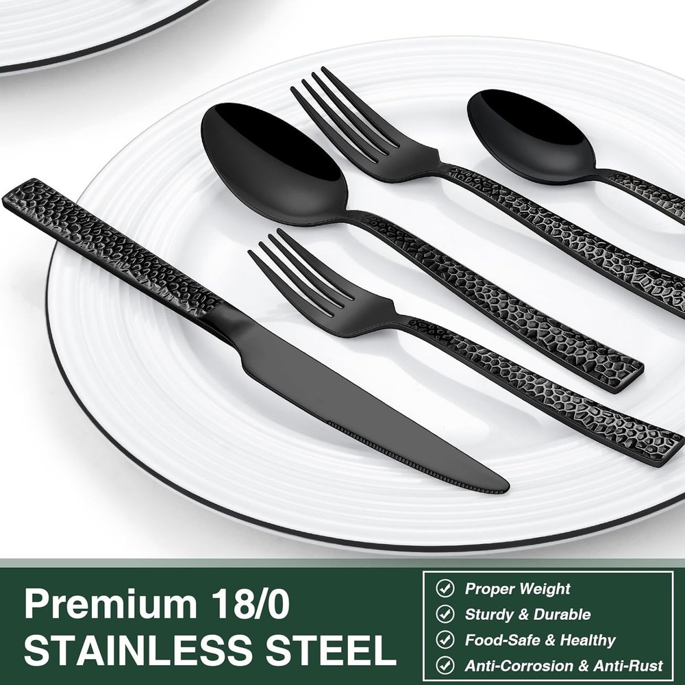 Black Hammered Silverware Set, 20-Piece Stainless Steel Square Flatware Set for