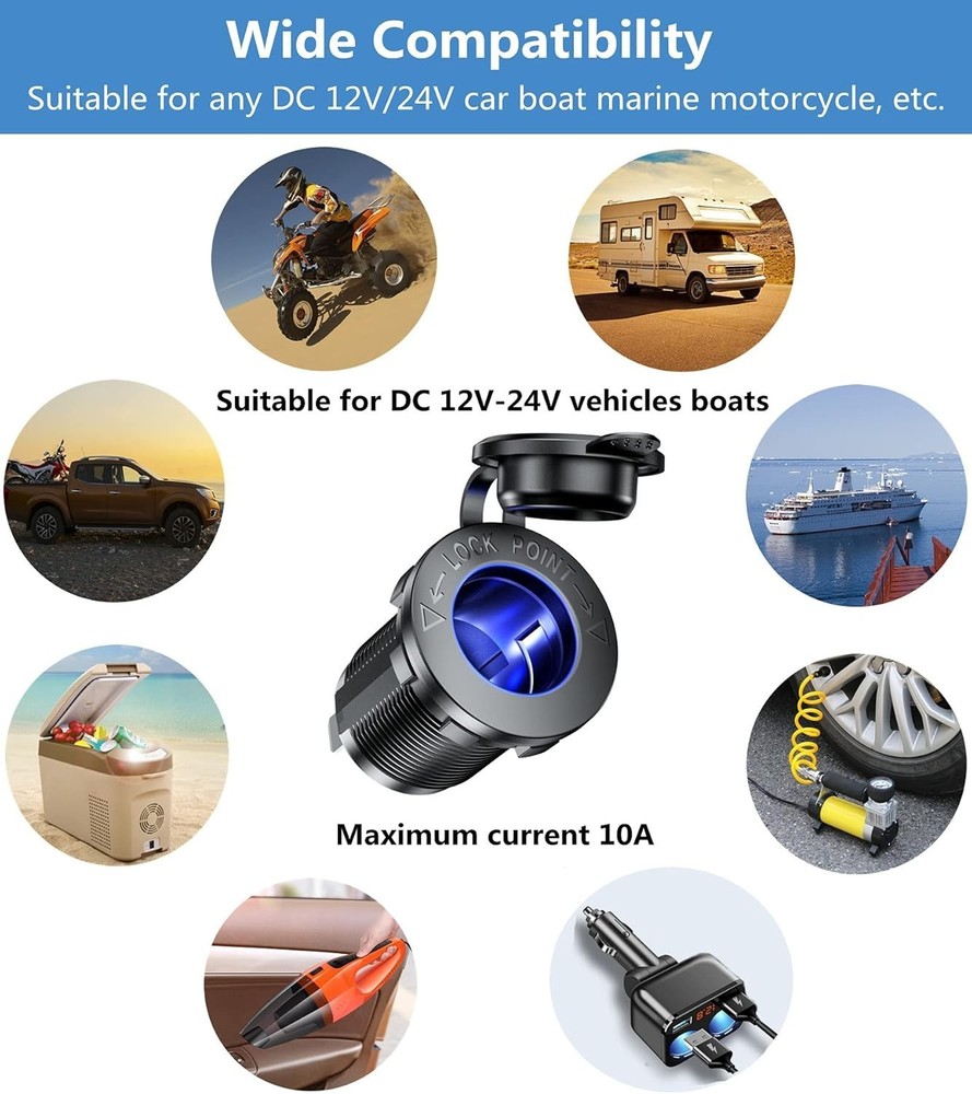 Durable Blue LED 12V Cigarette Lighter Socket 2 Pack - Waterproof & Eco-Friendly