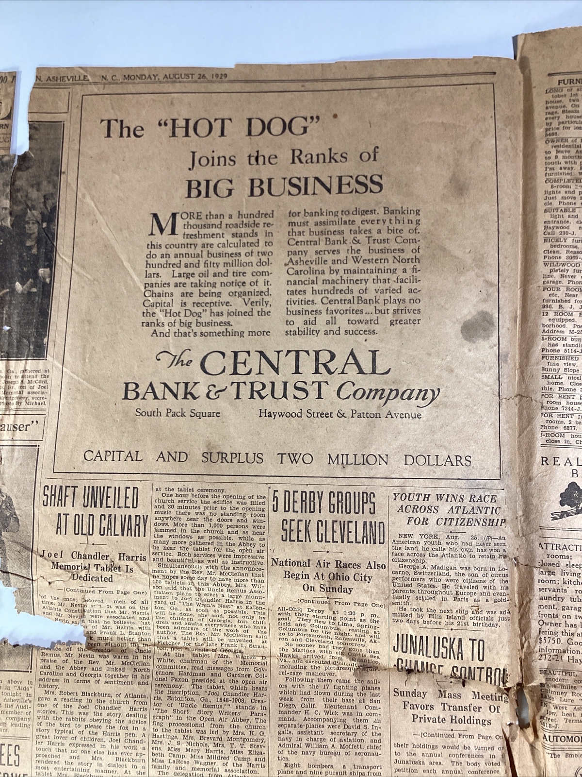 Ashville NC Newspaper Aug 26, 1929 Opera Zeppelin Israel Uncle Remus Great Ads!