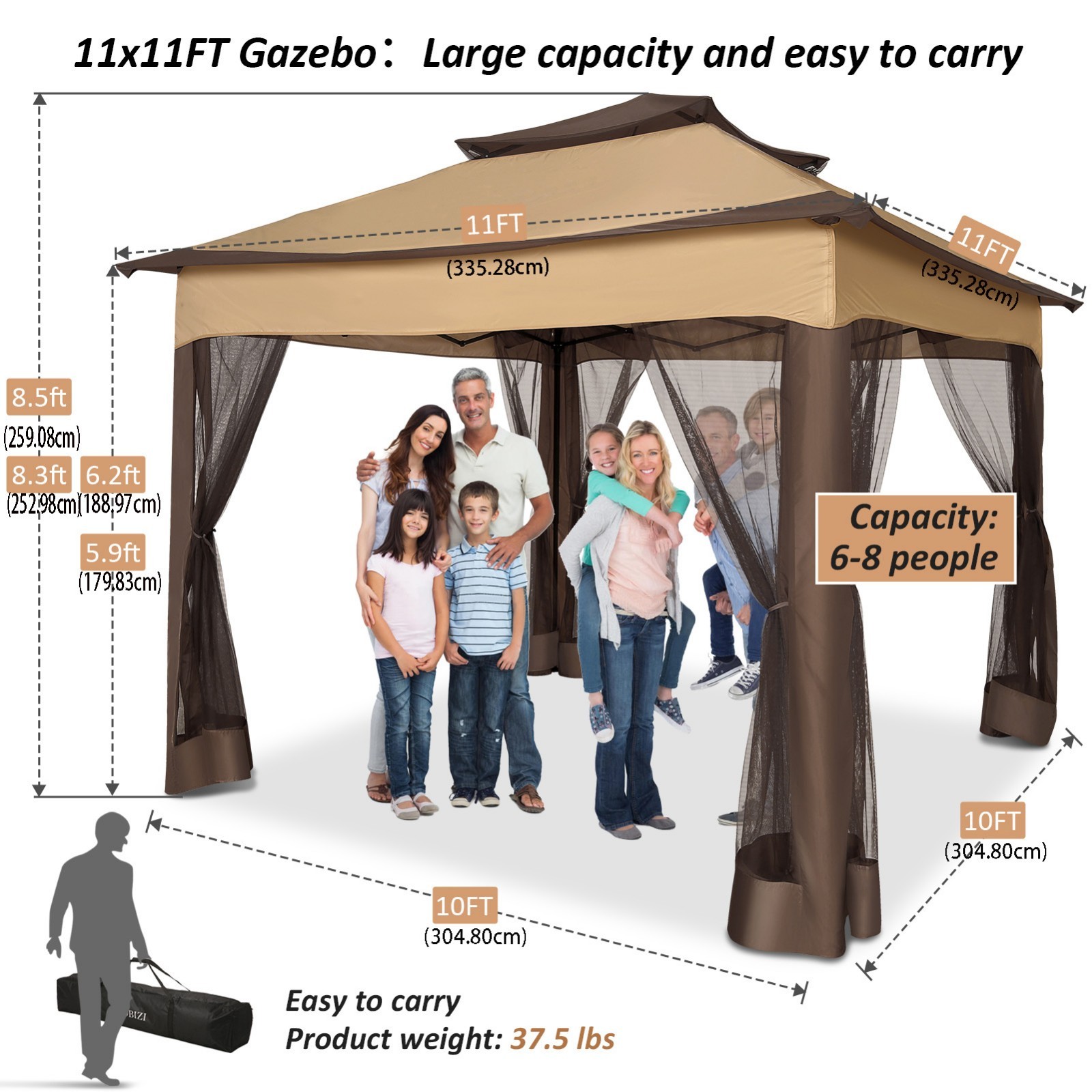 11x11FT Patio Gazebo with Mosquito Netting Outdoor Heavy Duty Party Canopy Tent