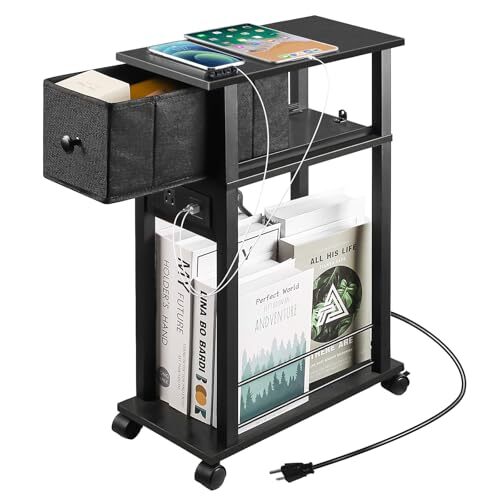 Side Table with Charging Station and Drawer, Narrow End Table with USB 1 Black