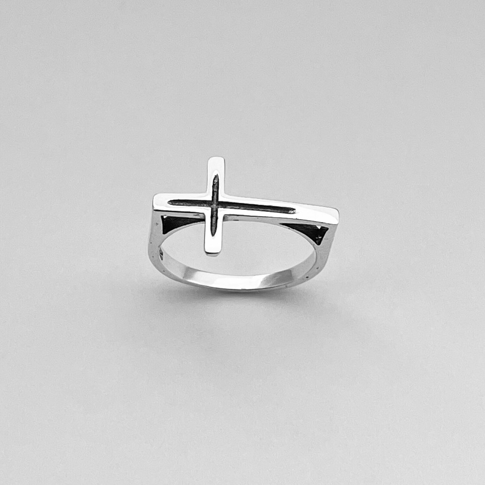 Sterling Silver Unisex Large Sideway Cross Ring, Religious Ring, Silver Rings
