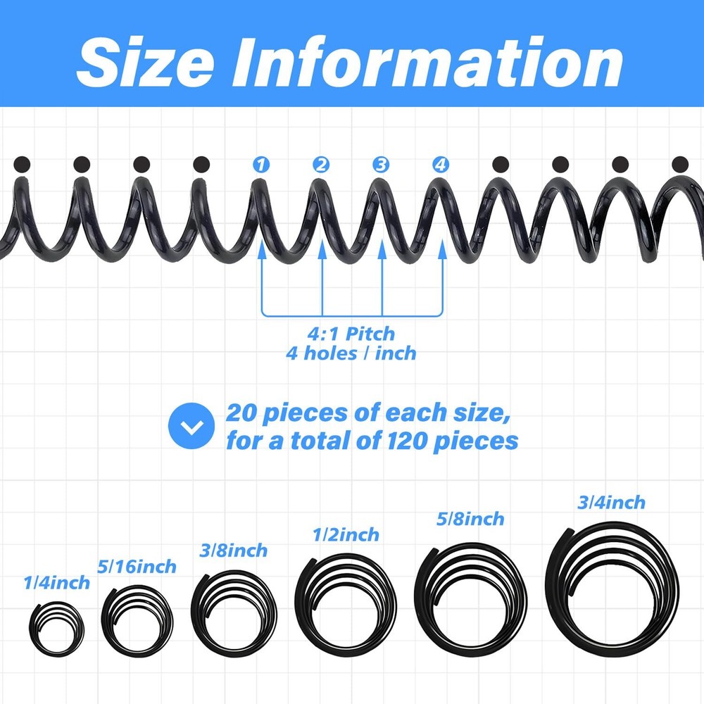 120 Pack Plastic Spiral Binding Coils Multi Sizes 4:1 Pitch Spine Coils