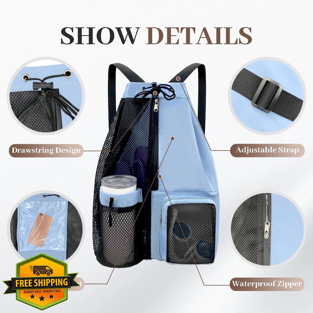 YUHAN PRETTY Beach Backpack Wet Pocket Drawstring Mesh Waterproof Swimming
