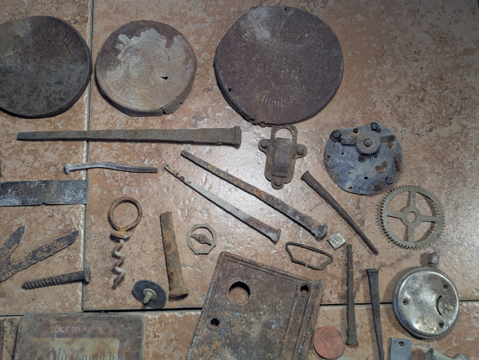 Dug Relics Vintage Iron Axle Grease Tin Door Knob Barrel Spigot Brass Ruler