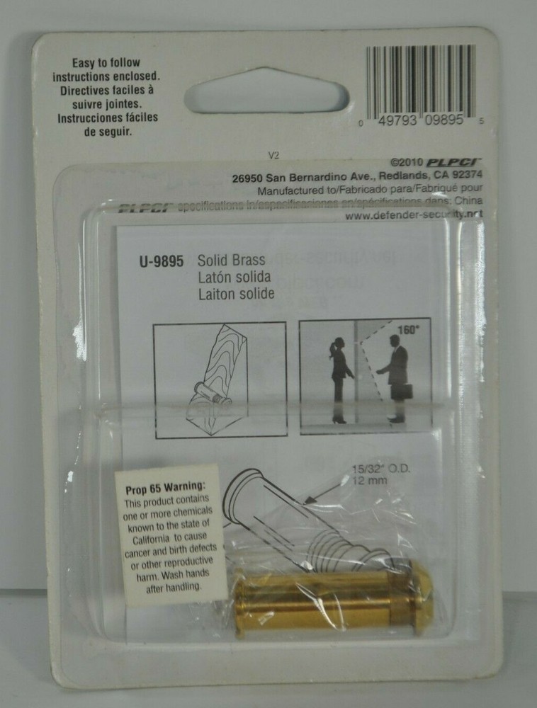 Defender Security Entry U-9895 160 Degree Door Viewer 1/2" Bore Solid Brass NEW