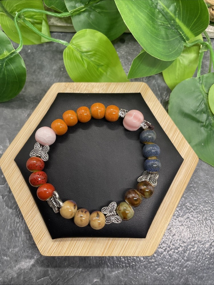 Handmade Ceramic Bead Beaded Stackable 6.5” Plus Stretch Bracelet New B236