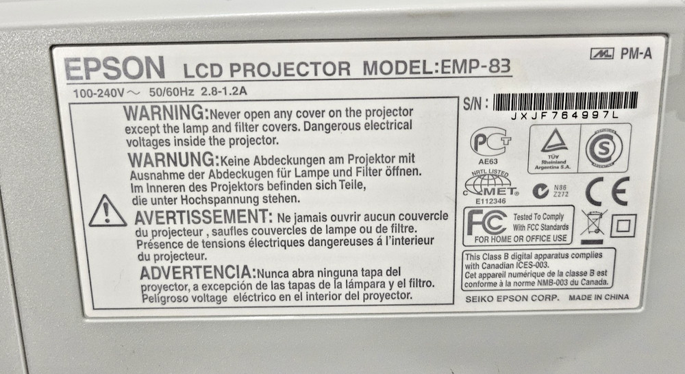 Epson PowerLite 83C EMP-83 LCD Projector VGA S-Video LAN + Cable Bundle Tested