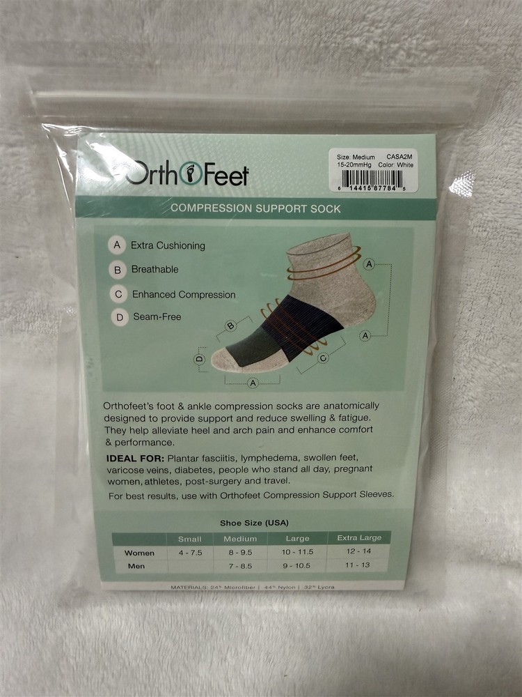 ORTHOFEET SIZE MEDIUM COMPRESSION SUPPORT SOCK WHITE 15-20mmHg