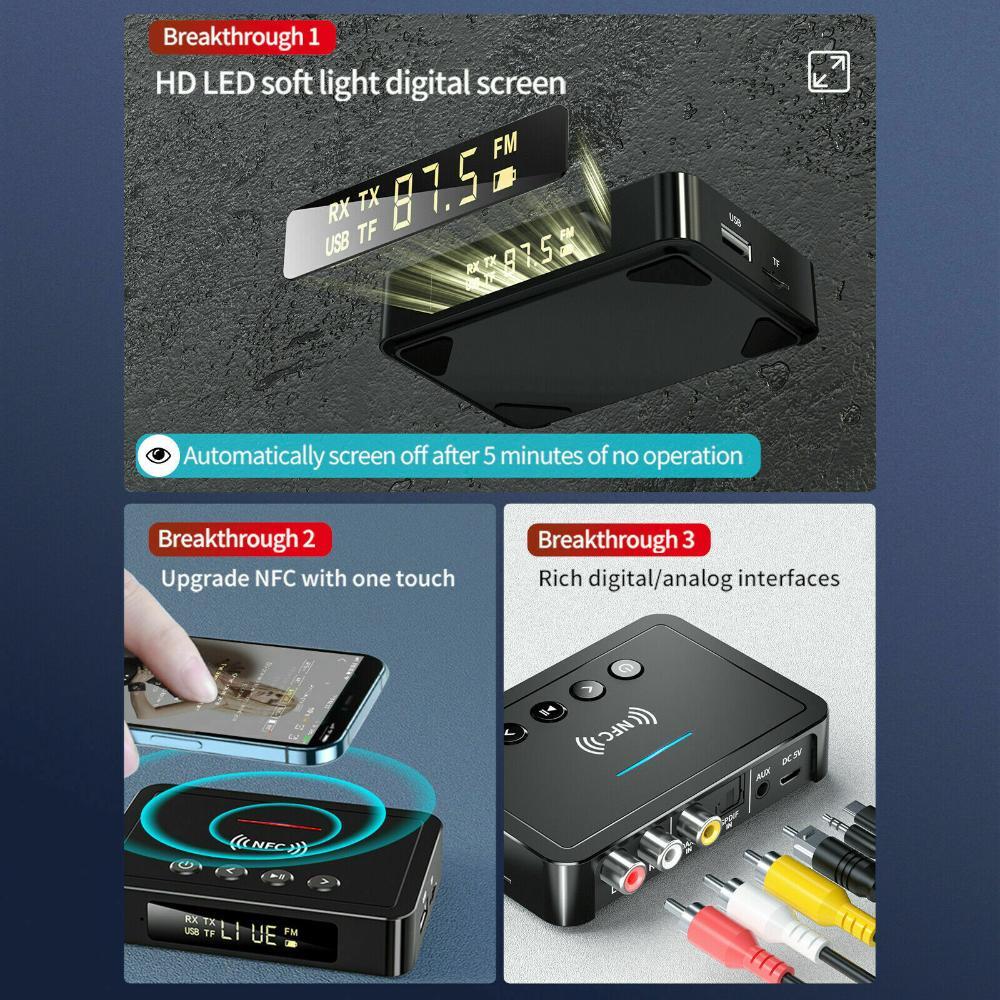 Bluetooth 5.0 Transmitter Receiver Wireless 3.5mm Adapter AUX NFC to 2 RCA Audio