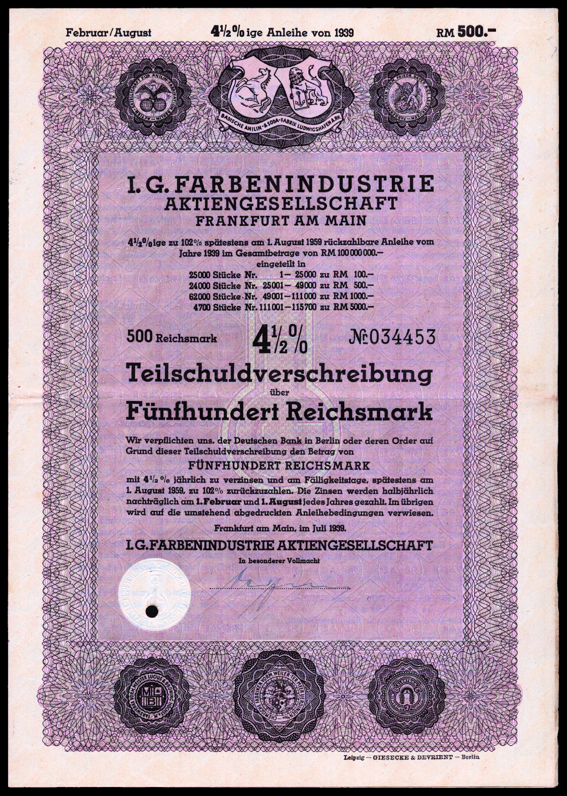 1939 Third Reich IG Farben (of Zyklon B Infamy) 500 Reichsmark Bond VF+