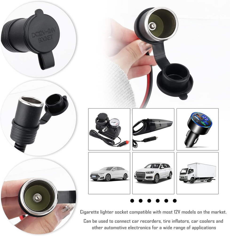 12V Cigarette Lighter Socket Replacement with 3Ft Extension Cord & Battery Allig