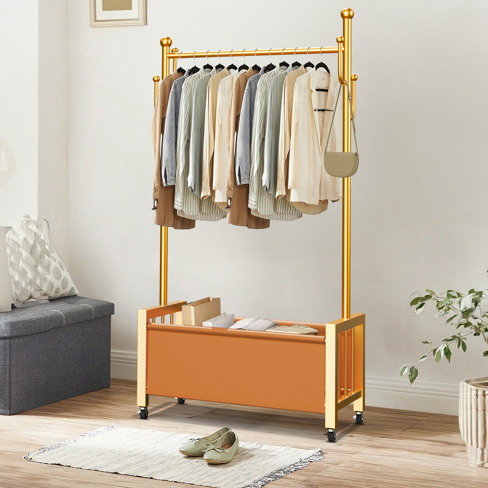 Rolling Garment Rack Organizer with Hanging Rod & Hooks for Small Apartment Dorm