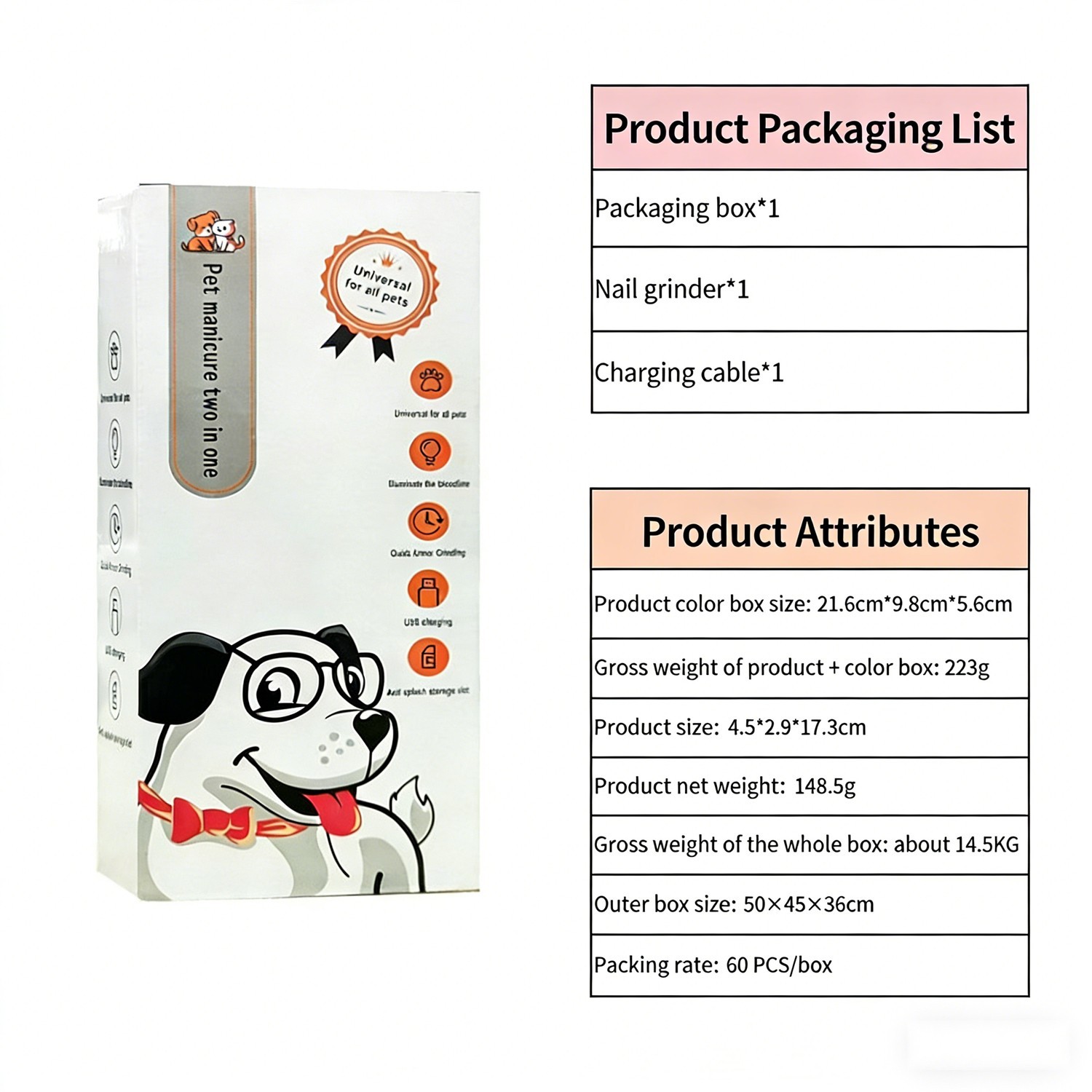 2-in-1 Dog Cat Nail Clippers Grinder with Light, USB Trimmers for L/M/S Pet Claw