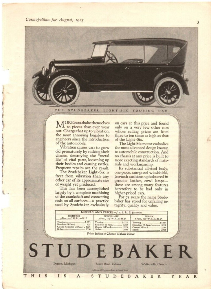 Vintage 1923 Studebaker Automobile Advertisement