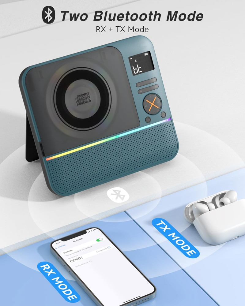 CD Player Portable, Hifi Stereo Portable CD Player with Bluetooth, Desktop Play