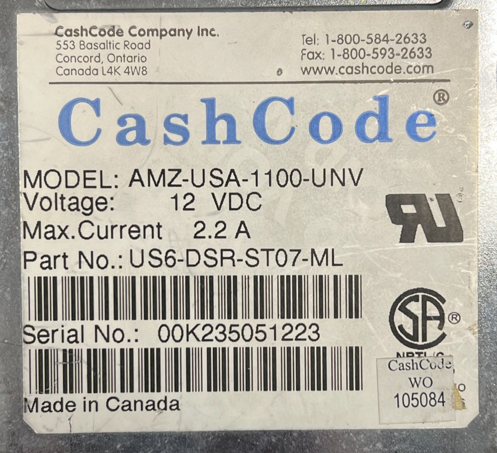 CASHCODE US6-DSR-ST07-ML BILL VALIDATOR BACKLOAD 12VDC 2.2A