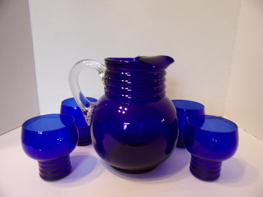 ROLY POLY PITCHER & FOUR GLASSES COBALT