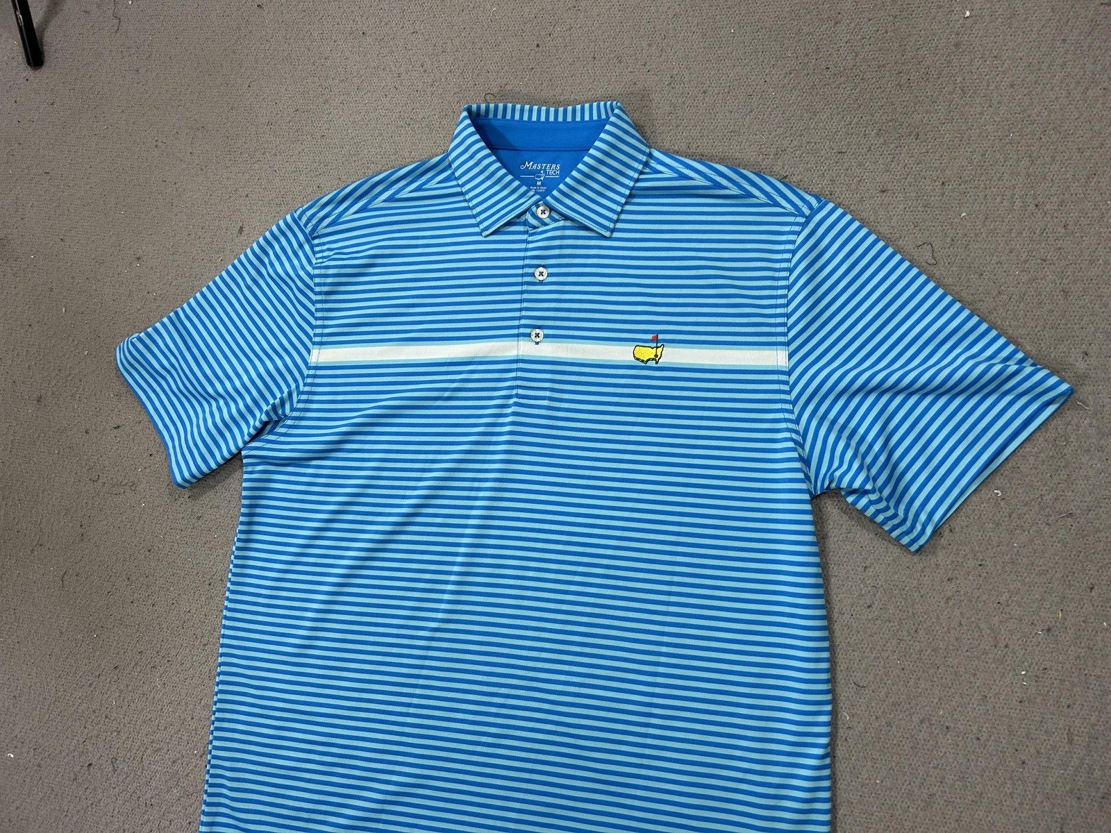 Masters Tech Shirt Polo Mens Medium Blue Stripe Golf Augusta National Logo