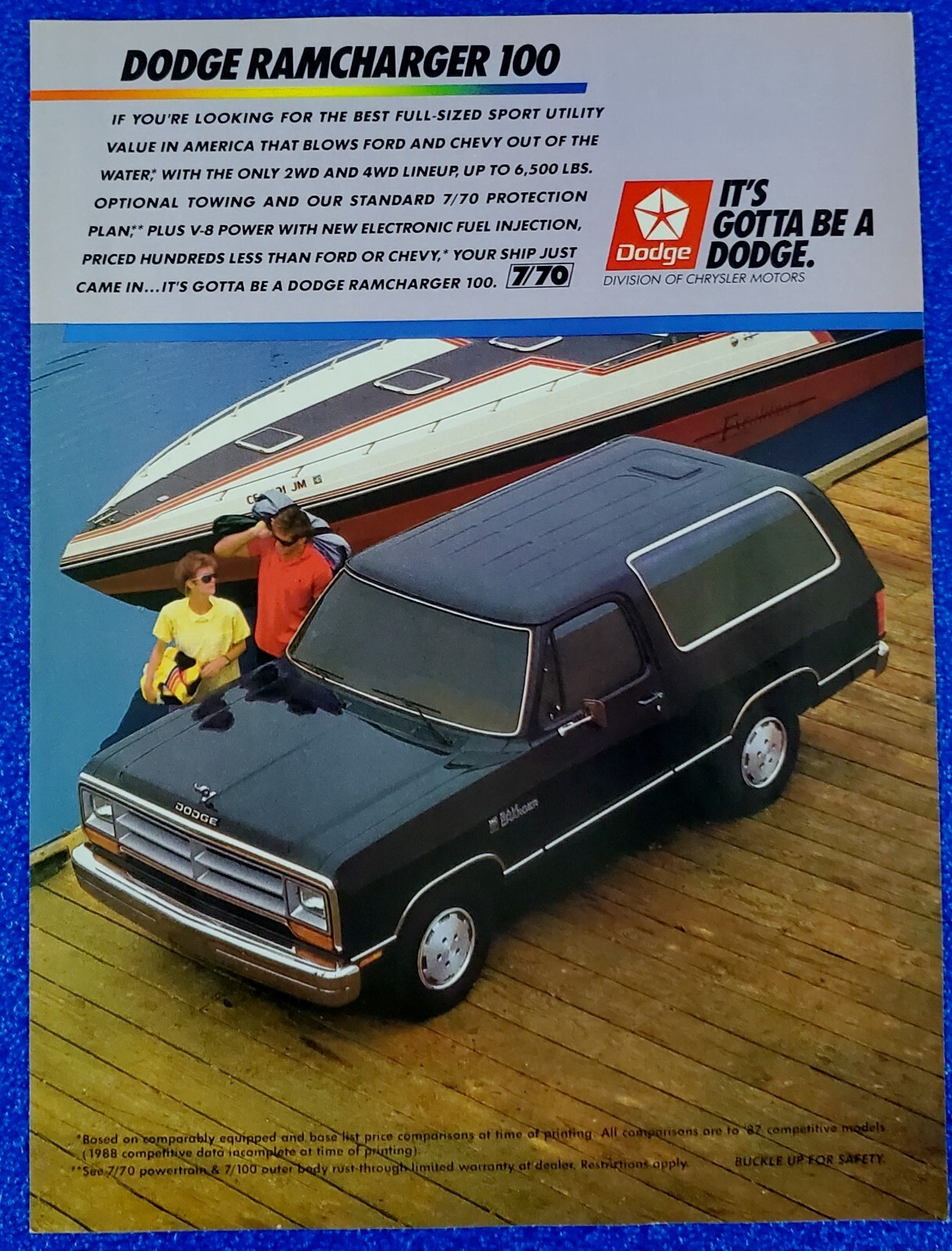 1988 DODGE RAMCHARGER 100 ORIGINAL COLOR PRINT AD "IT'S GOTTA BE A DODGE"