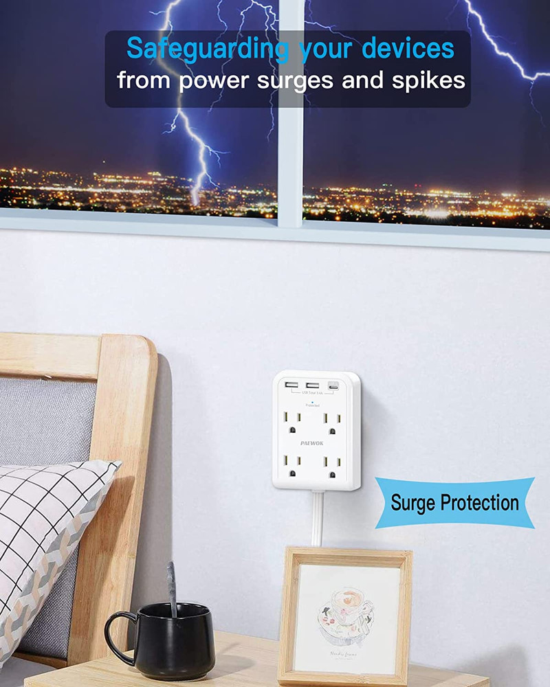 Flat Multi Plug Extender with 3 USB Wall Charger(1 Type C) 4 Outlet Wall Adapter