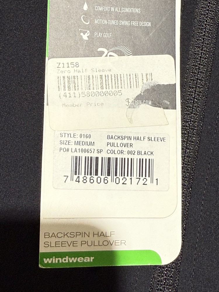 NWT MEN'S ZERO RESTRICTION BACKSPIN SS PULLOVER, SIZE: M, COLOR: BLACK (M9.11)