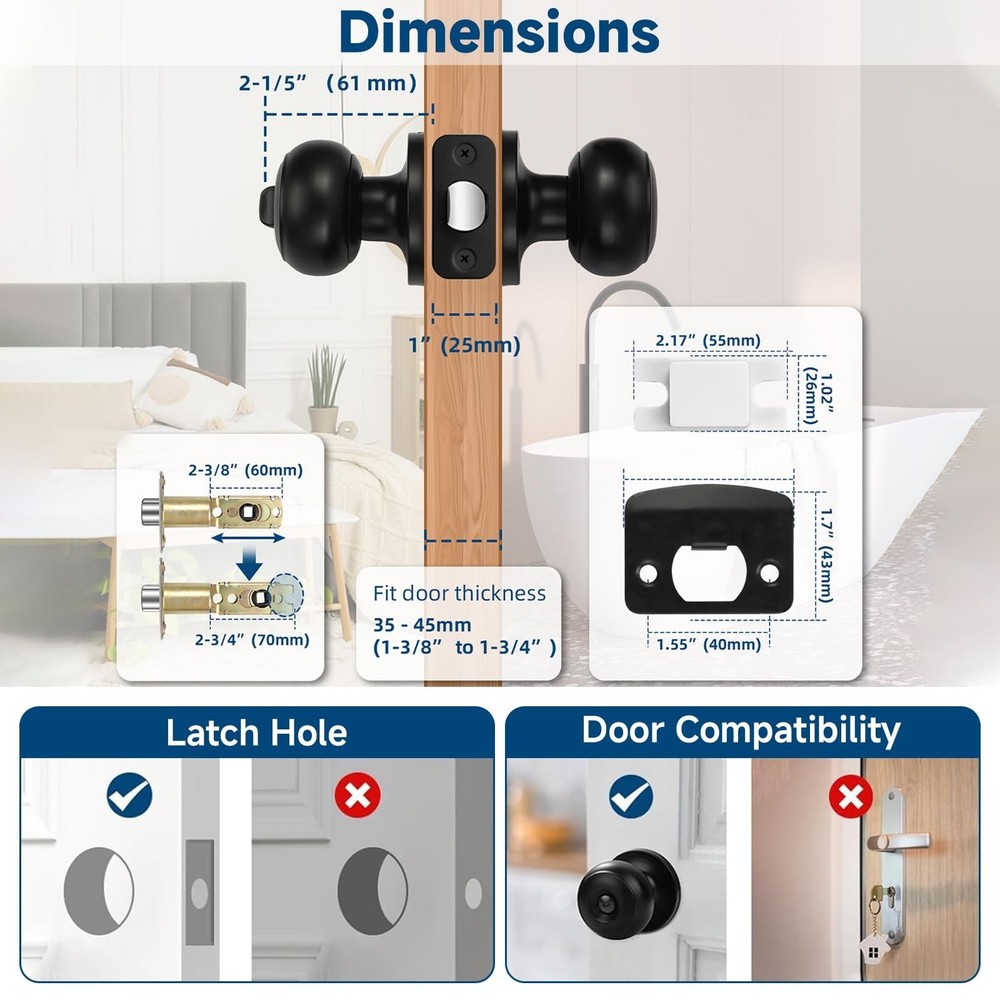 Estmoon 5 Pack Interior Door Knobs Black Privacy Door Handle, Keyless Door Lo...