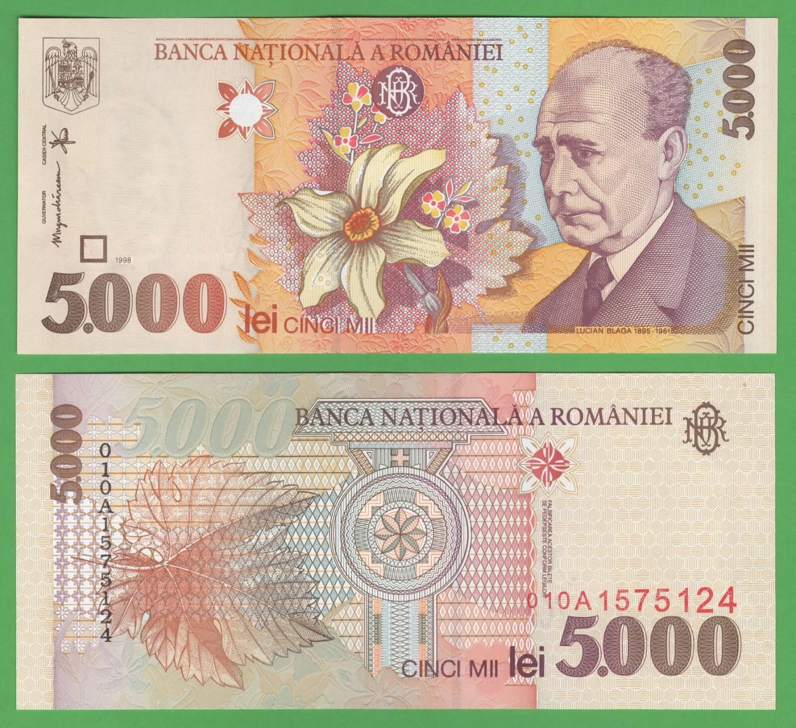 Romania 5000 Leu Banknote, 1998 P-107b Uncirculated Paper Currency