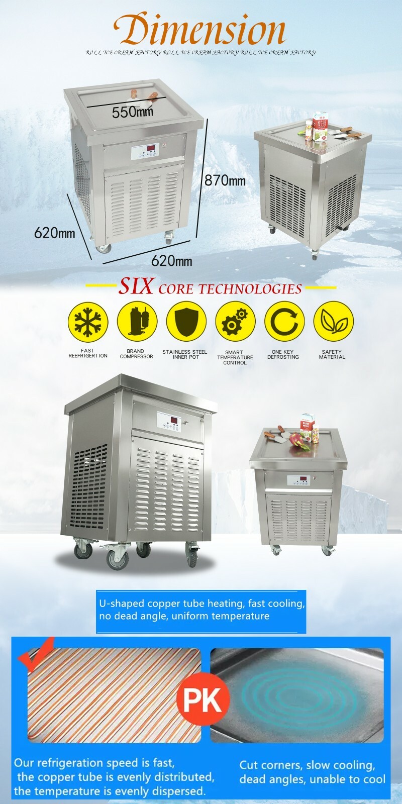 Kolice Commercial ETL 21"X21'' Single Square Pan Fry ice Cream roll Machine