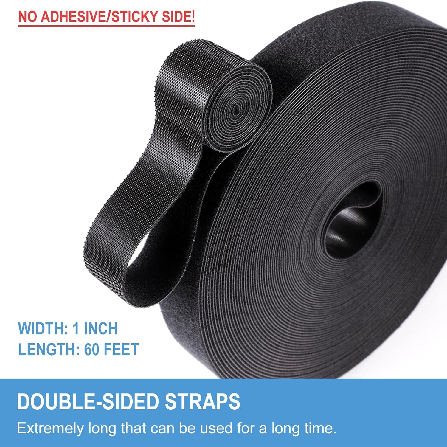 1 in X 60 Ft Hook and Loop Roll | Double-Sided Strips, Self-Gripping Straps | Re