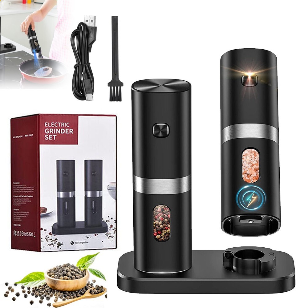 2 Pack Electric Automatic Gravity Salt and Pepper Grinder Spice Mill Adjustable