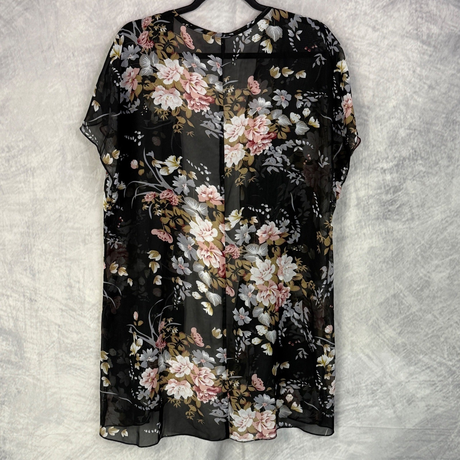 Womens Black Floral Sheer Kimono Cardigan Duster Lightweight cover-up sz M