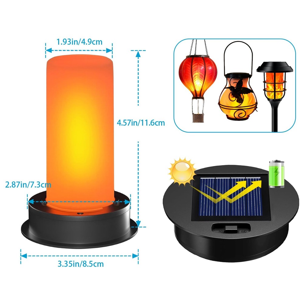 2 Pack Solar Light Replacement Top with Flickering Flame, 2 pack, Black