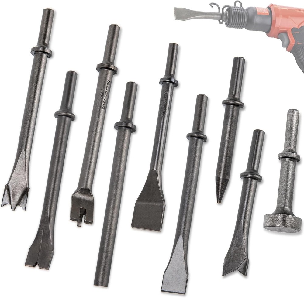 9 Pack Air Hammer Bits Pneumatic Chisel Set Air Hammer Punch Chipping Bits Tools